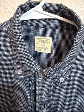 Giordano Blue Houndstooth Cotton Flannel Button-Down Shirt - Large